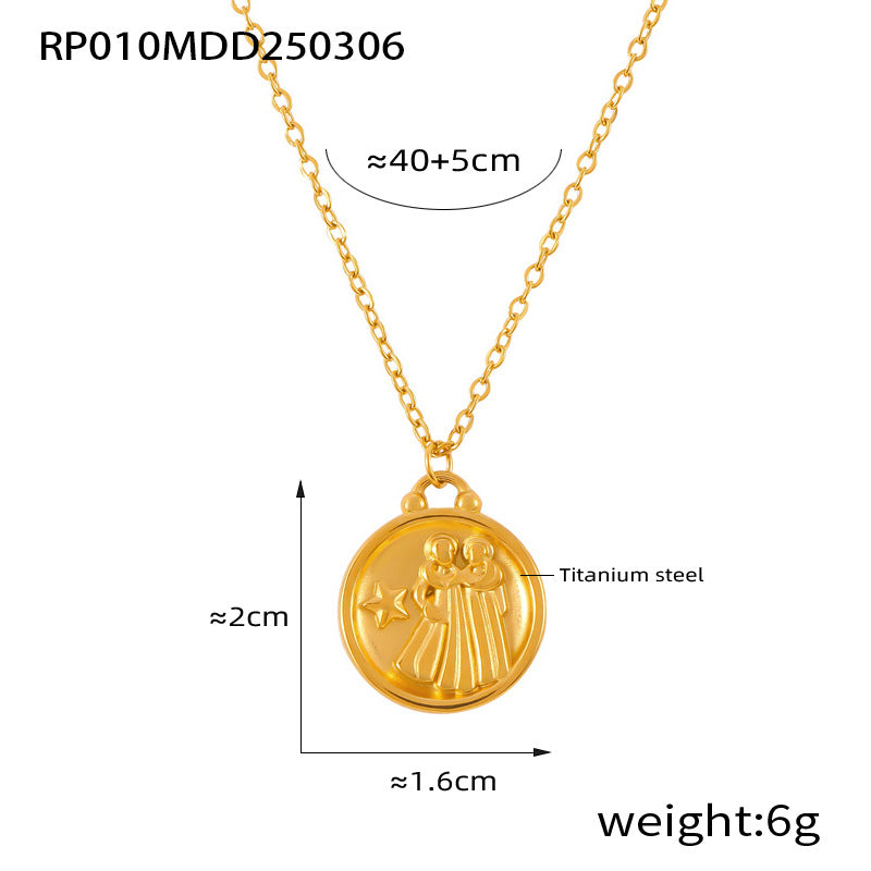 Gold Gemini zodiac coin pendant necklace in 316L stainless steel with embossed twin symbol