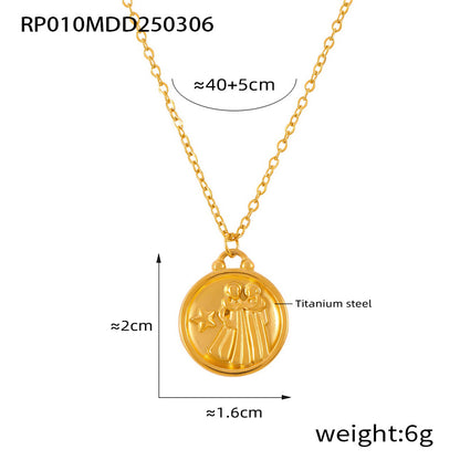 Gold Gemini zodiac coin pendant necklace in 316L stainless steel with embossed twin symbol