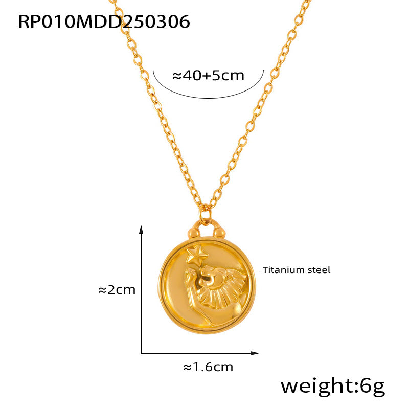 Gold Leo zodiac coin necklace made of 316L stainless steel with embossed lion symbol