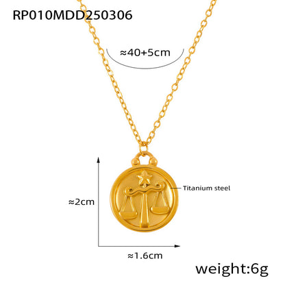 Gold Libra zodiac coin pendant necklace crafted from 316L stainless steel with embossed scales motif