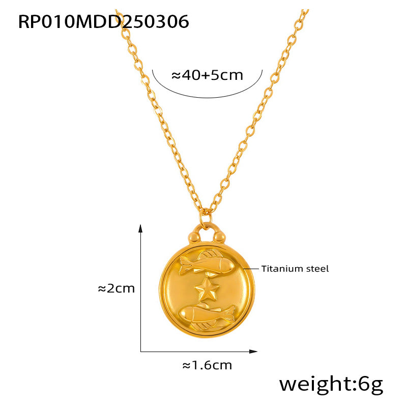 Gold Pisces zodiac medallion necklace in 316L stainless steel with embossed fish symbol
