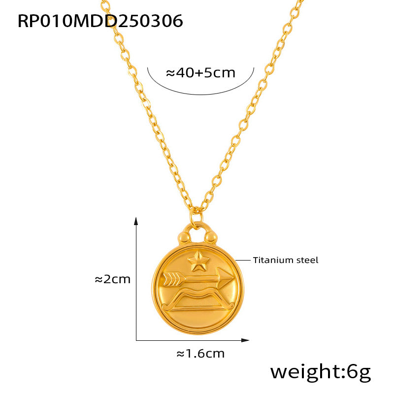 Gold Sagittarius zodiac coin necklace in 316L stainless steel with embossed arrow motif