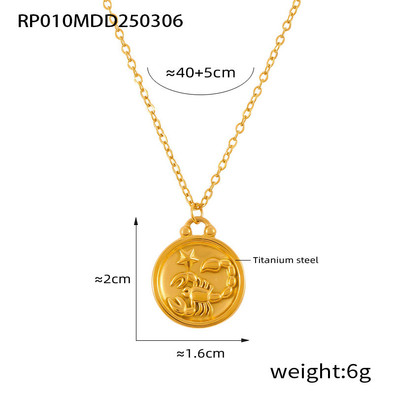 Gold Scorpio zodiac medallion necklace made of 316L stainless steel with embossed star design