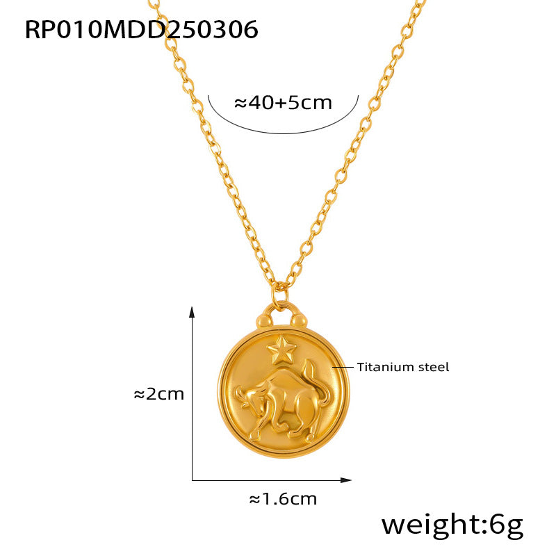 Gold Taurus zodiac medallion necklace made of 316L stainless steel with embossed bull motif