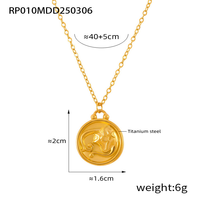 Gold Virgo zodiac medallion necklace in 316L stainless steel with embossed relief design