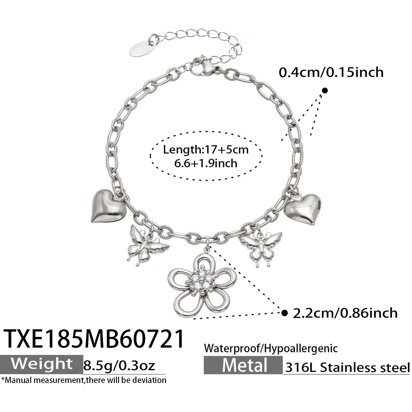 Size and product specifications for a 316L stainless steel floral butterfly charm bracelet