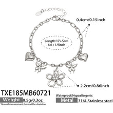 Size and product specifications for a 316L stainless steel floral butterfly charm bracelet