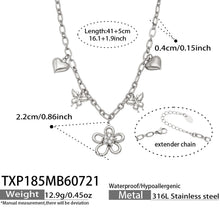 Size specifications for a polished steel floral butterfly charm necklace in 316L stainless steel