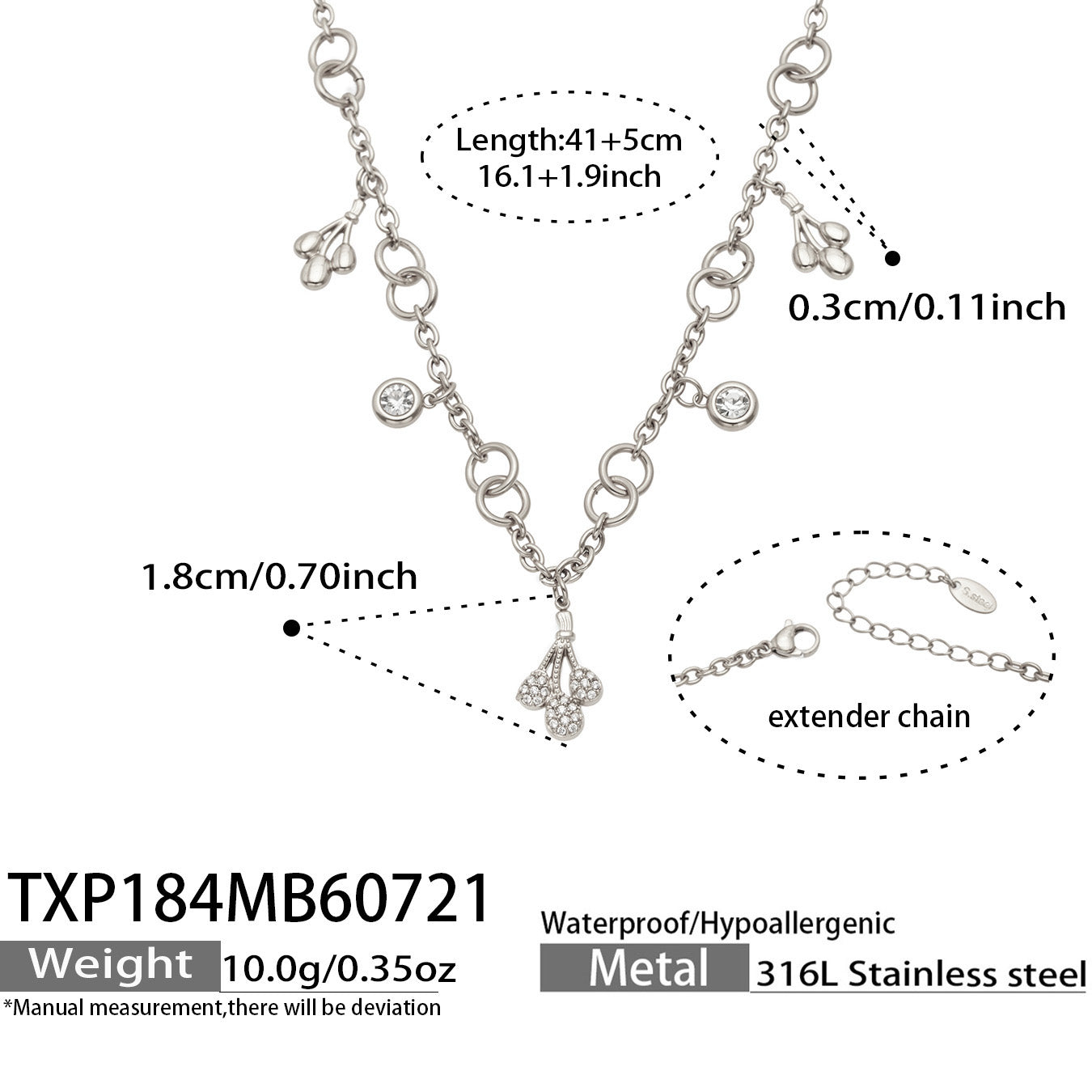 Size specifications for a polished steel teardrop zircon necklace in 316L stainless steel