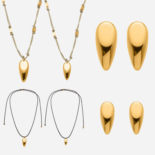 Collage showing 316L stainless steel teardrop earrings and matching cord pendant necklaces in gold tone with different cord styles