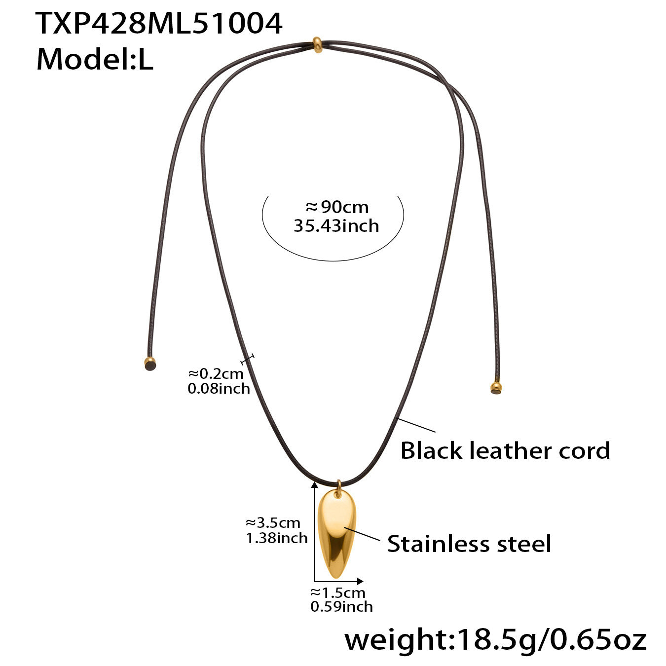 316L stainless steel teardrop pendant necklace on black leather cord, approx 90cm length with 3.5cm by 1.5cm pendant, 18.5g