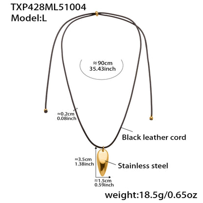 316L stainless steel teardrop pendant necklace on black leather cord, approx 90cm length with 3.5cm by 1.5cm pendant, 18.5g
