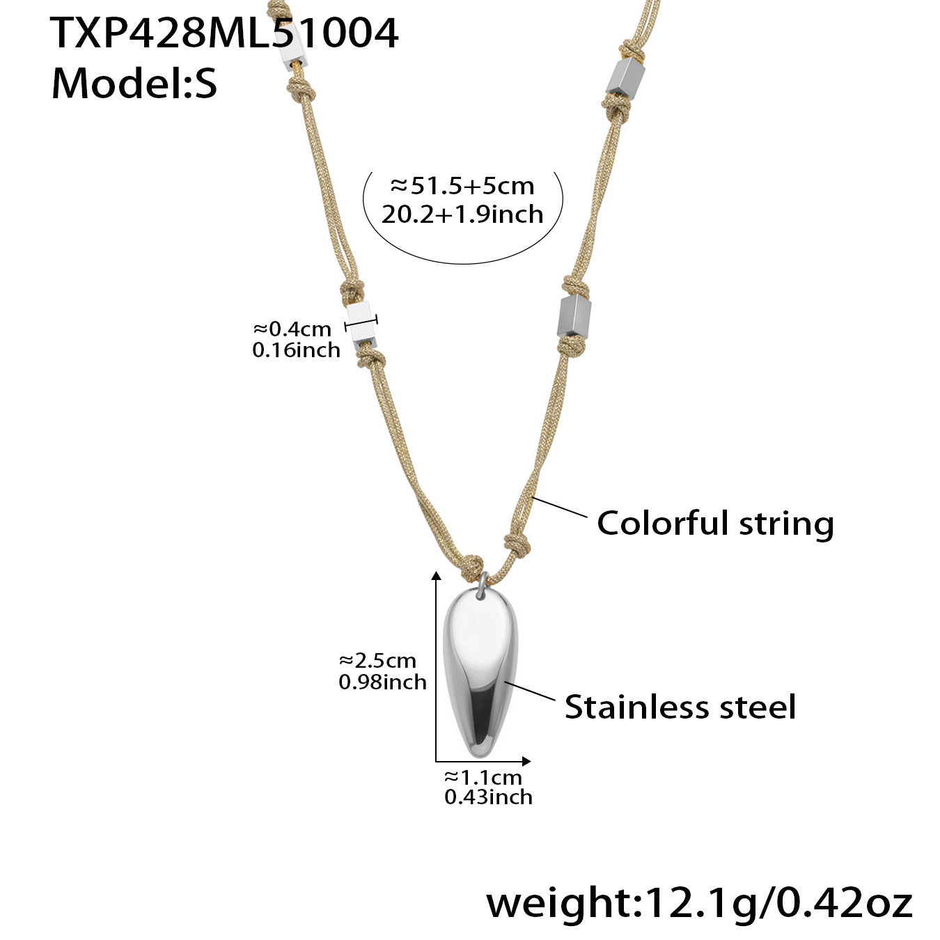 316L stainless steel teardrop pendant necklace on colorful adjustable string, approx 51.5+5cm length with 2.5cm pendant, 12.1g