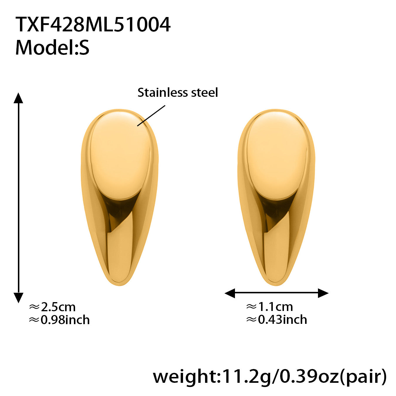 Size chart for 316L stainless steel teardrop earrings S and cord pendant necklace with measurements and weights
