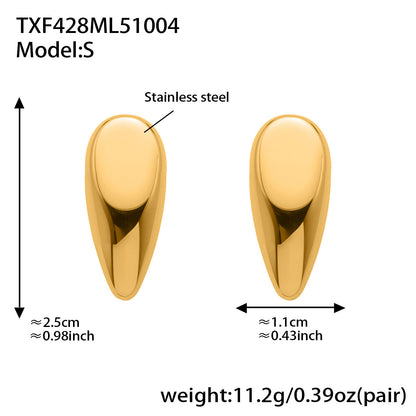 Size chart for 316L stainless steel teardrop earrings S and cord pendant necklace with measurements and weights