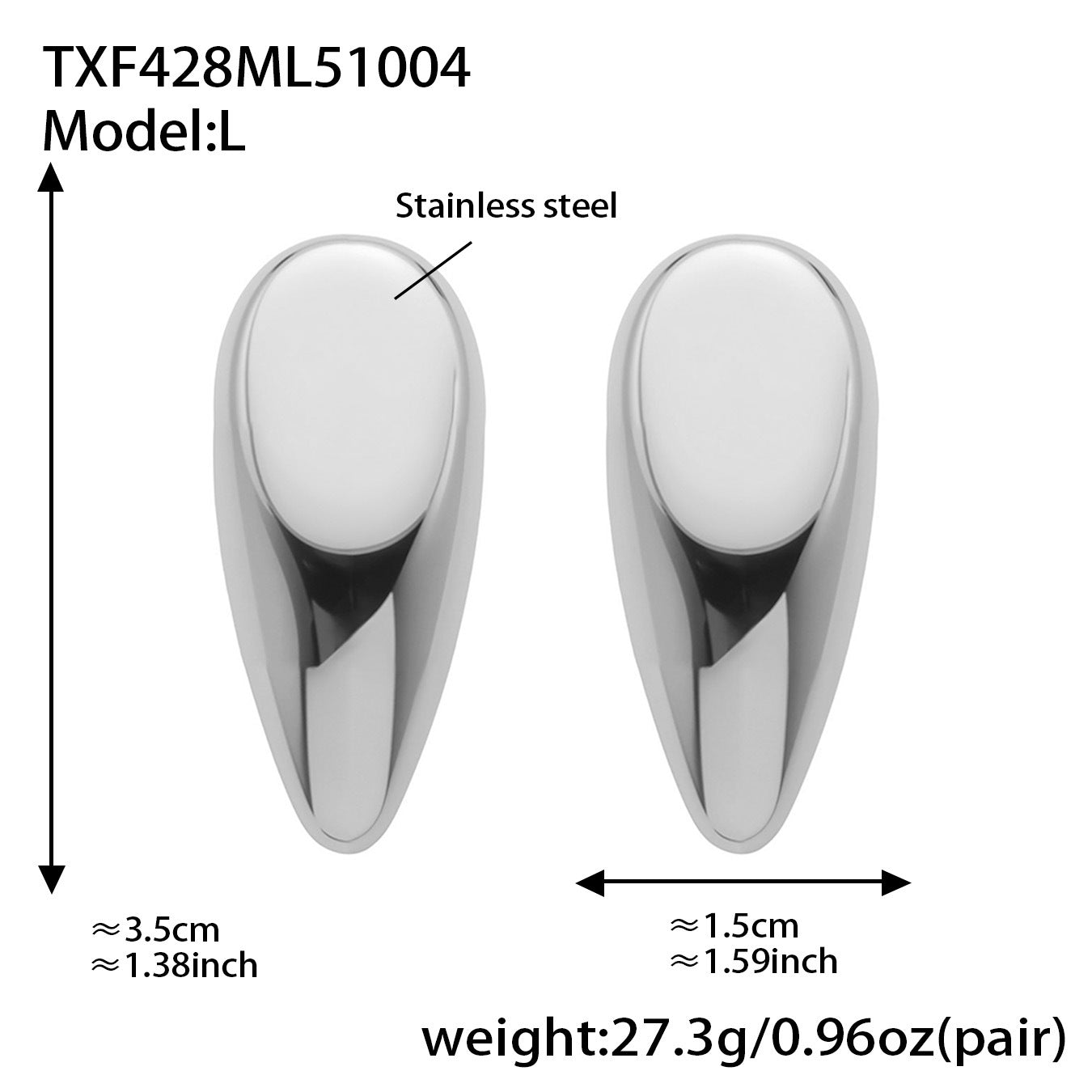 Large size silver teardrop stud earrings in 316L stainless steel, approx 3.5cm by 1.5cm, 27.3g per pair