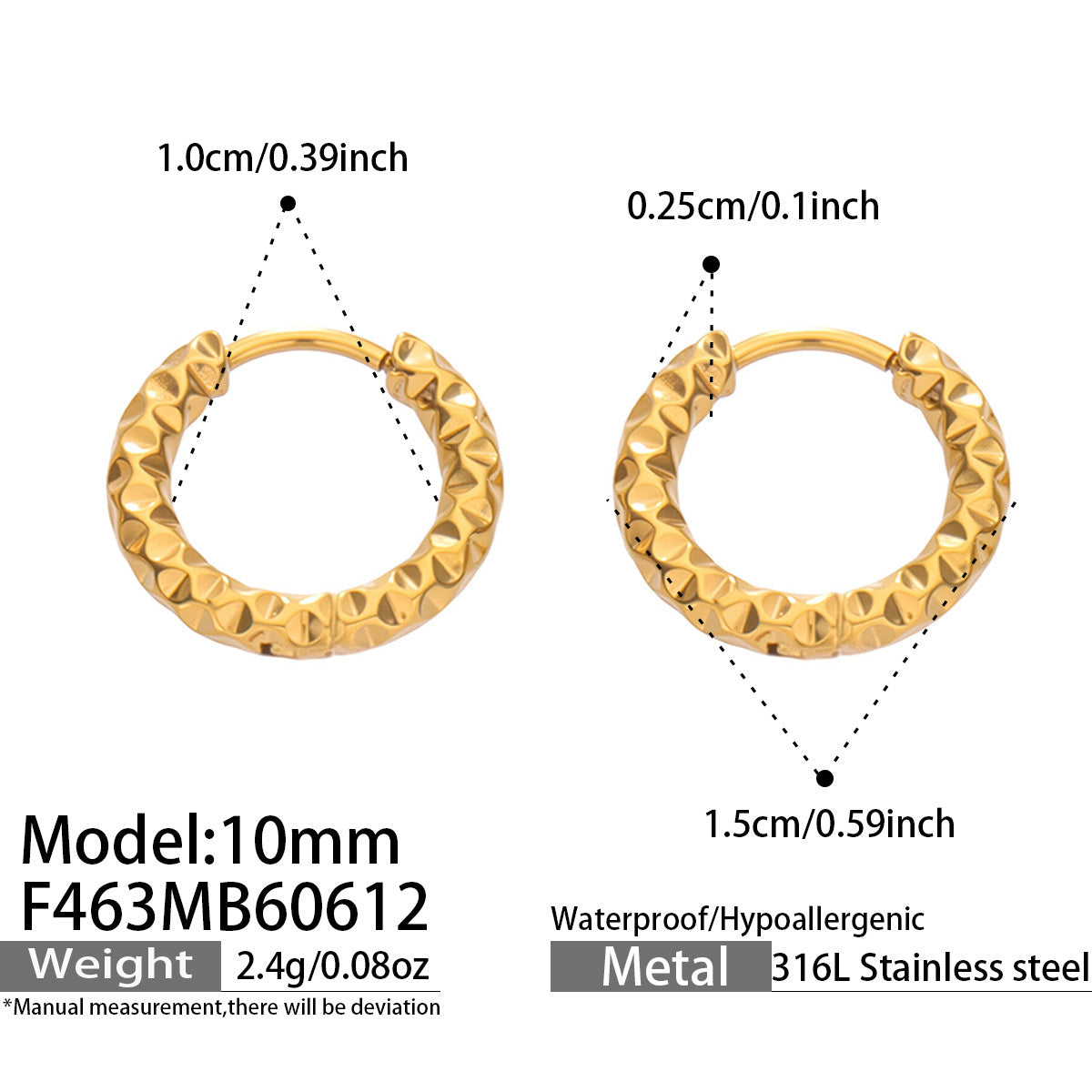 316L Stainless Steel 18K PVD Hammered Hoop Earrings | Waterproof Hypoallergenic Chunky Earrings