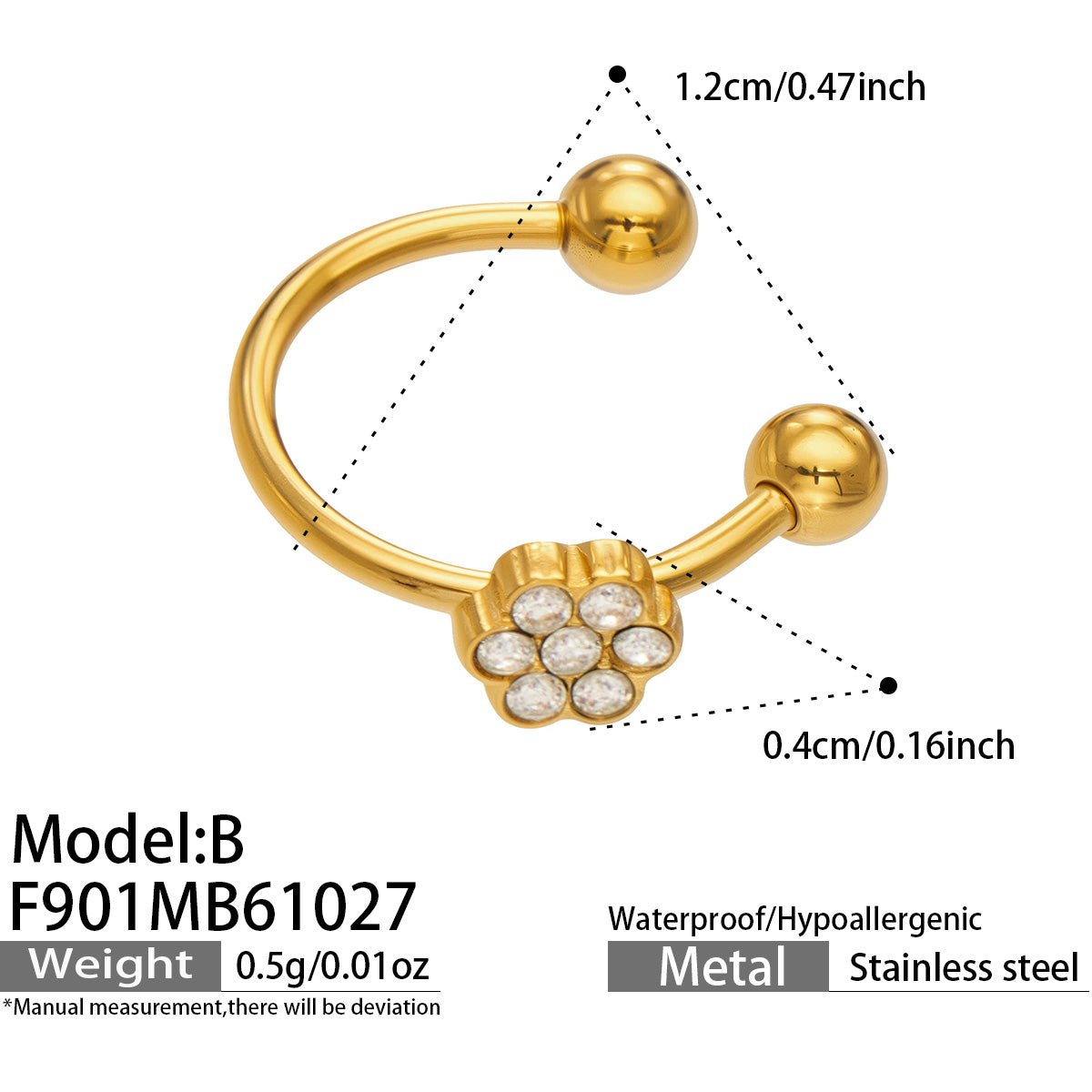Detail view of Zircon flower design on Stainless Steel Ear Clip