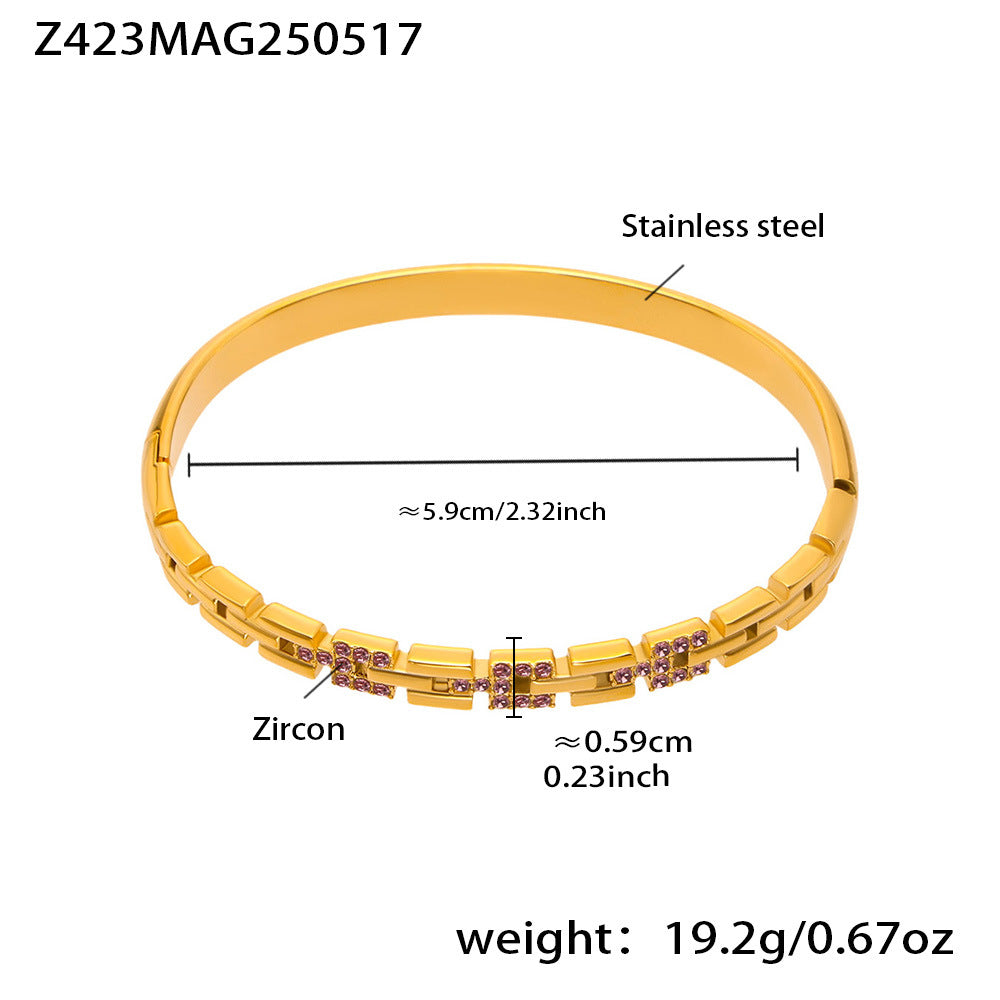 18k gold plated stainless steel 5a pink zircon clasp bangle (z423mag250517), inner diameter 5.9cm, weight 19.2g