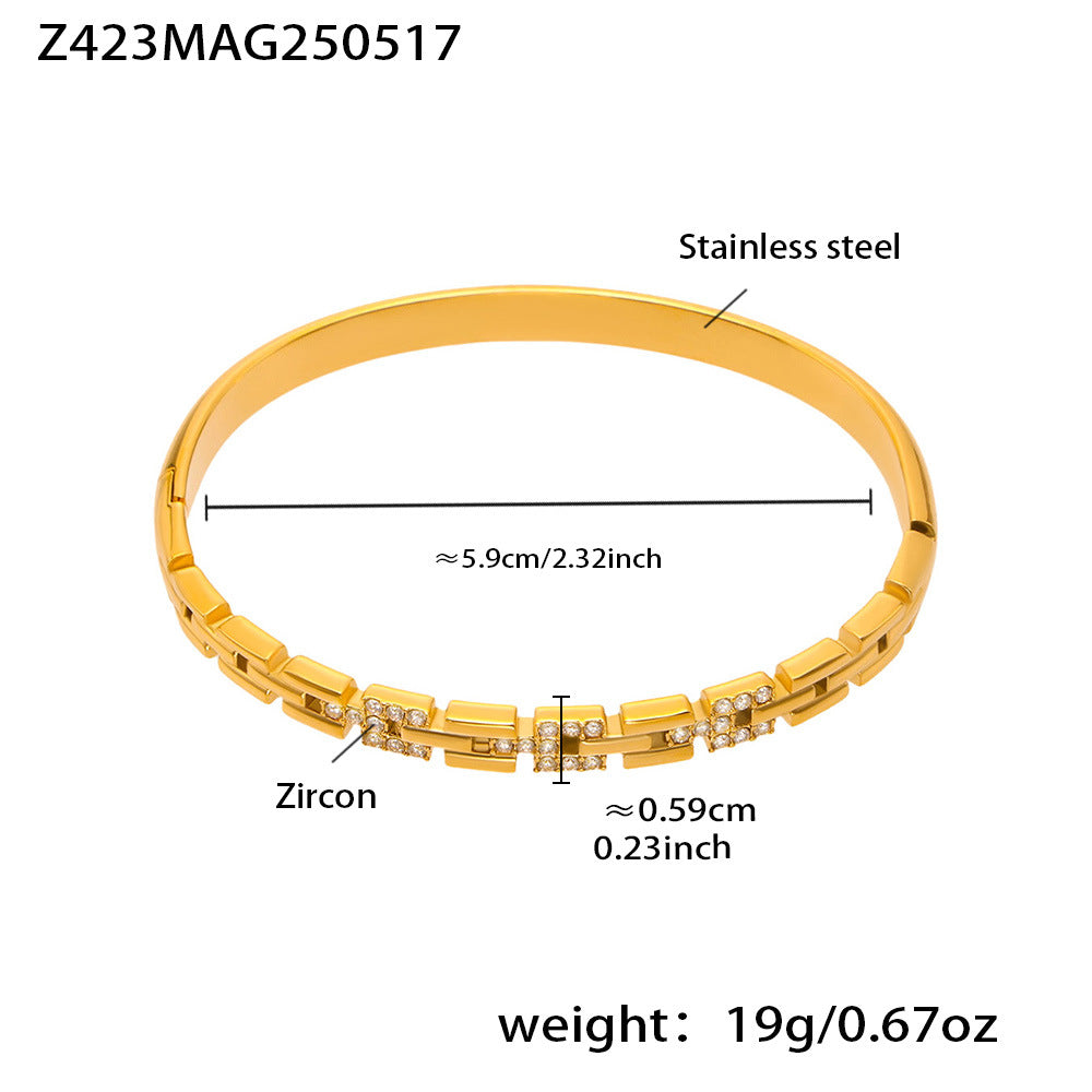 18k gold plated stainless steel 5a zircon clasp bangle (z423mag250517), inner diameter 5.9cm, weight 19g
