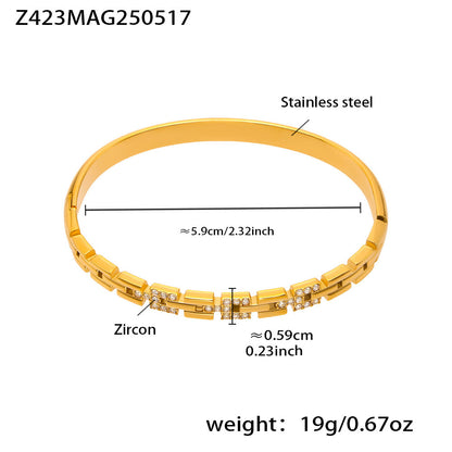 18k gold plated stainless steel 5a zircon clasp bangle (z423mag250517), inner diameter 5.9cm, weight 19g