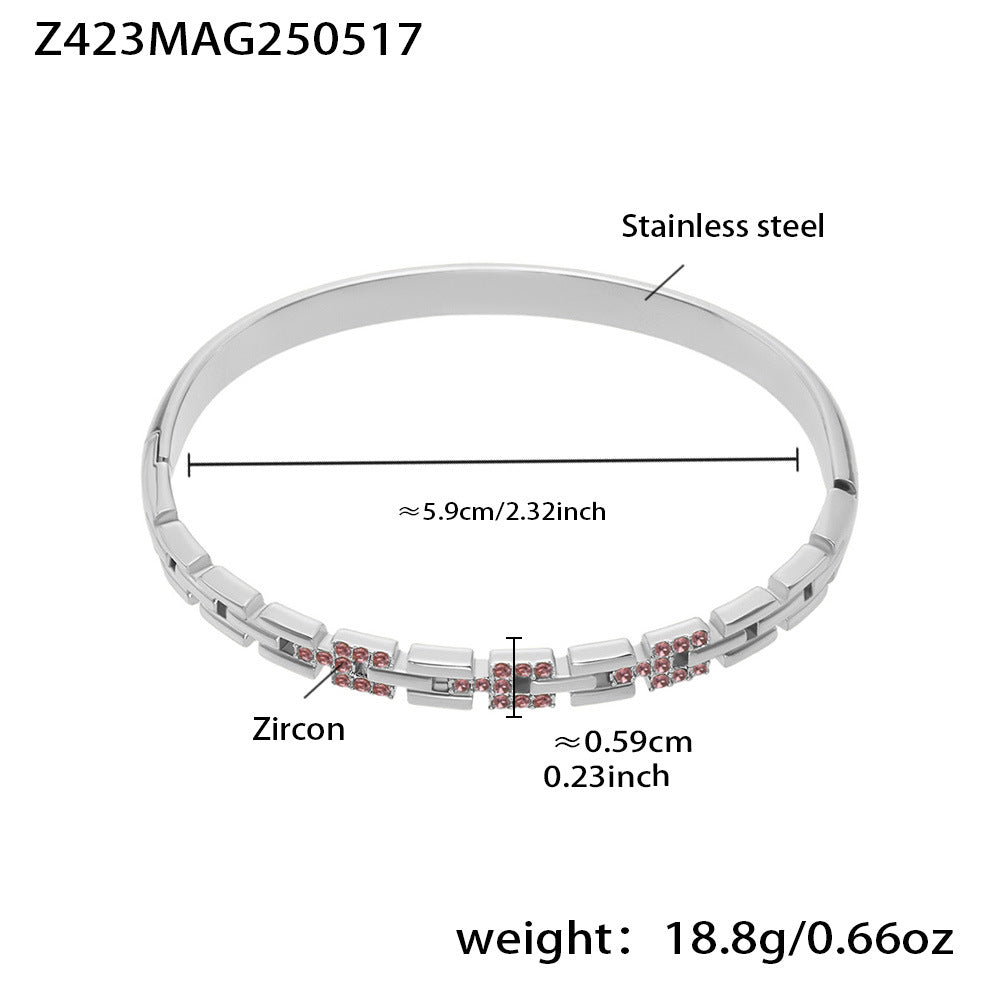 stainless steel 5a pink zircon clasp bangle (z423mag250517), inner diameter 5.9cm, weight 18.8g