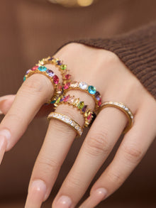 Close up view of 5A zircon gold plated ring with colorful gemstone details