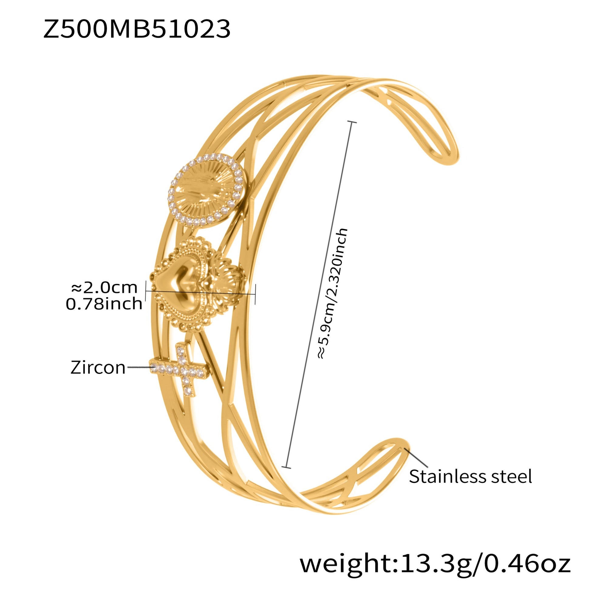 18K gold plated bangle (Z500MB51023), 5A zircon hollow out design, inner diameter 5.9cm, weight 13.3g