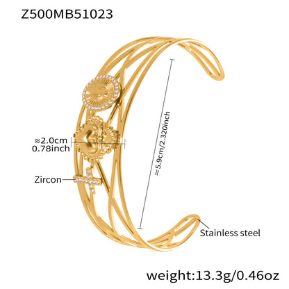 18K gold plated bangle (Z500MB51023), 5A zircon hollow out design, inner diameter 5.9cm, weight 13.3g