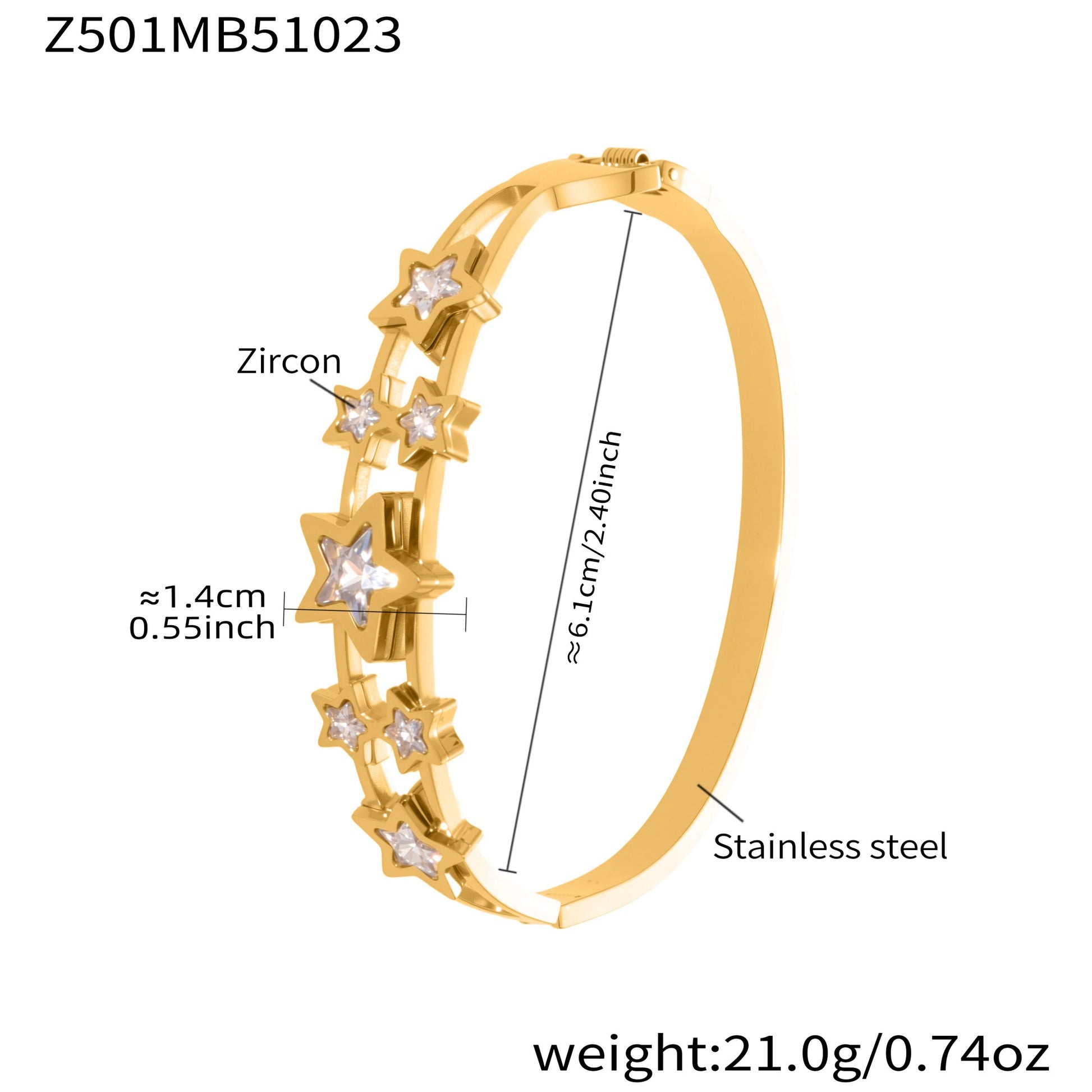 18K gold plated bangle (Z501MB51023), 5A zircon star design, inner diameter 6.1cm, weight 21.0g