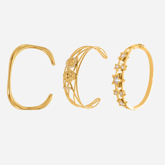 18K gold plated stainless steel bangle set with 5A zircon star hollow out design, fashion versatile jewelry