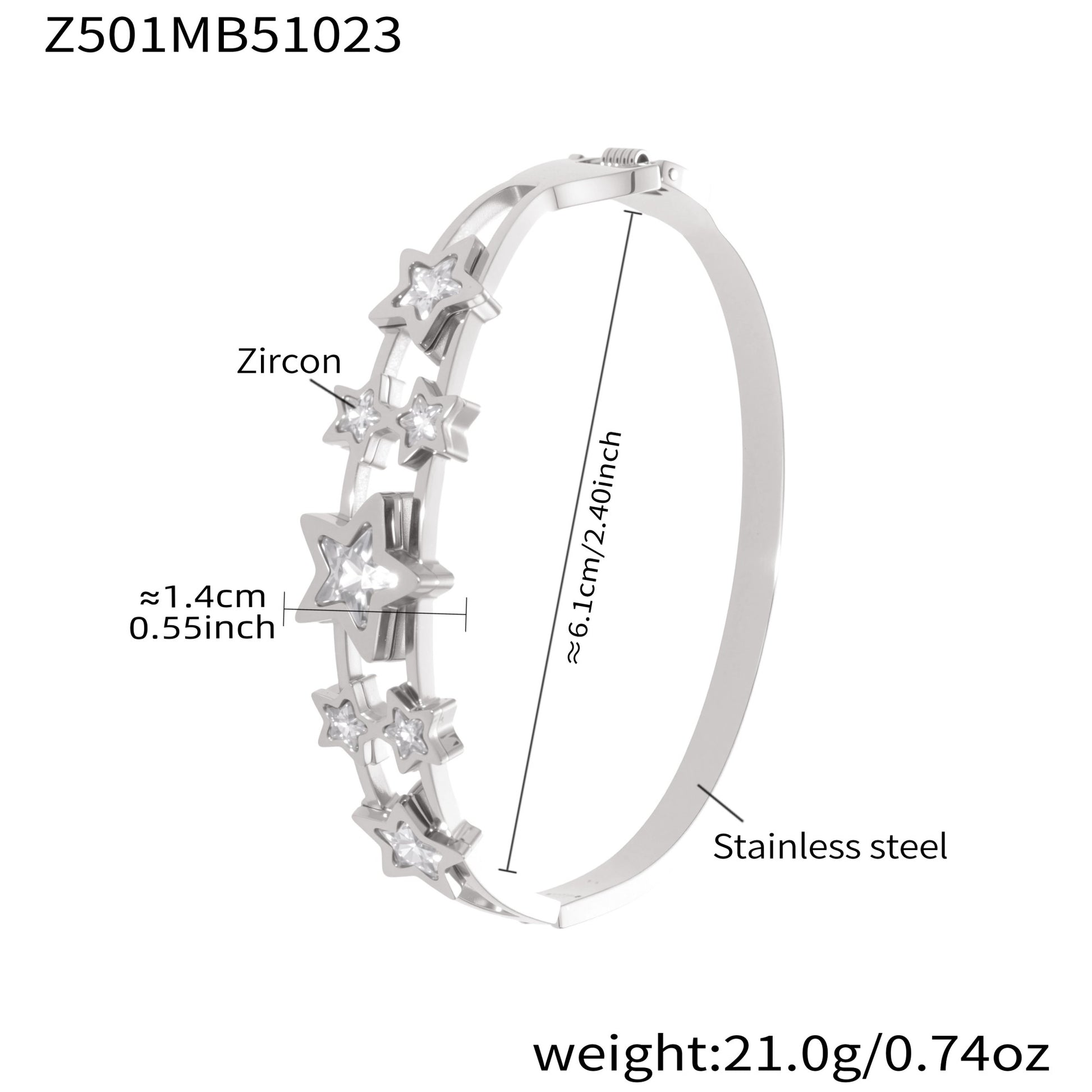 Silver stainless steel bangle (Z501MB51023), 5A zircon star design, inner diameter 6.1cm, weight 21.0g