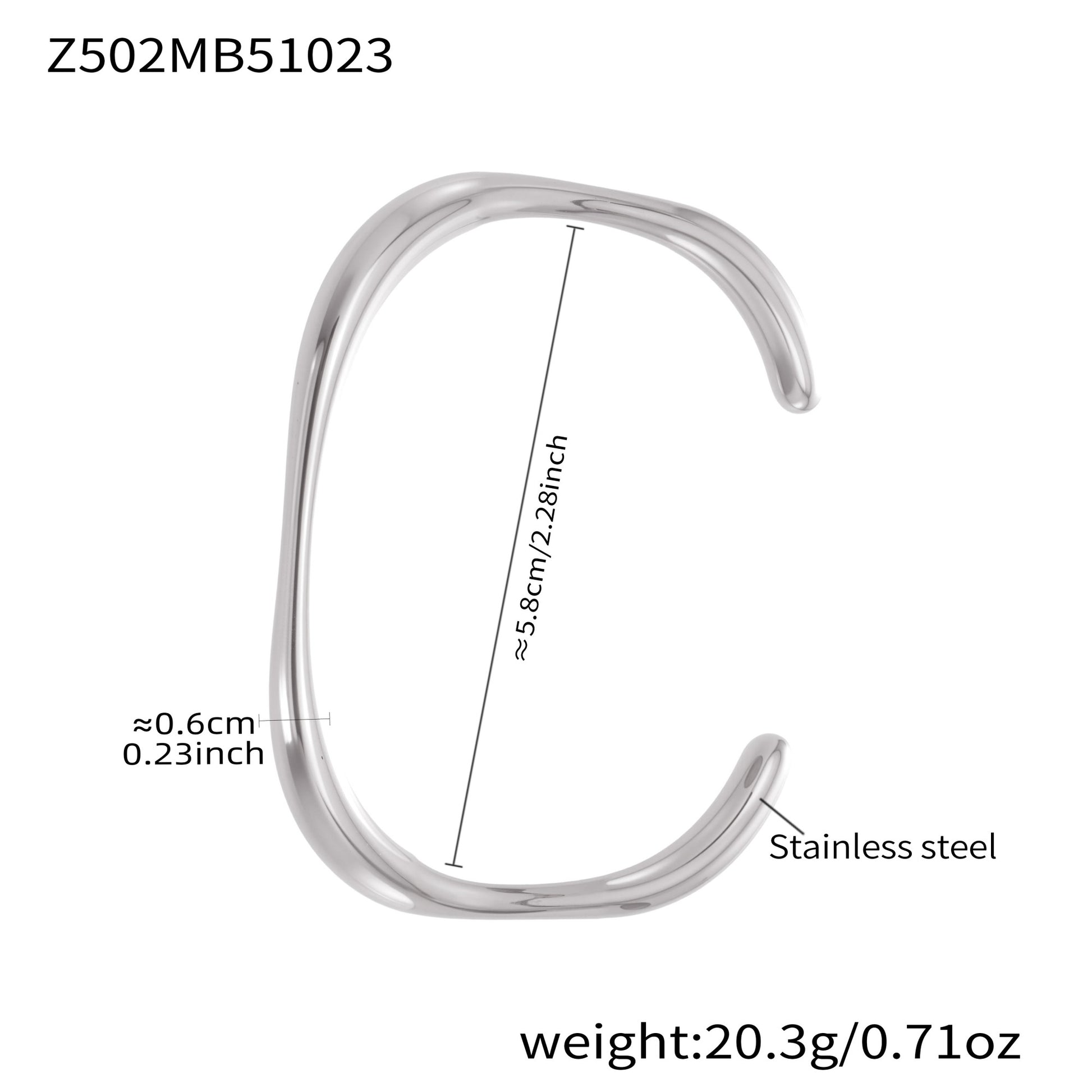 Silver stainless steel bangle (Z502MB51023), minimalist design, inner diameter 5.8cm, weight 20.3g
