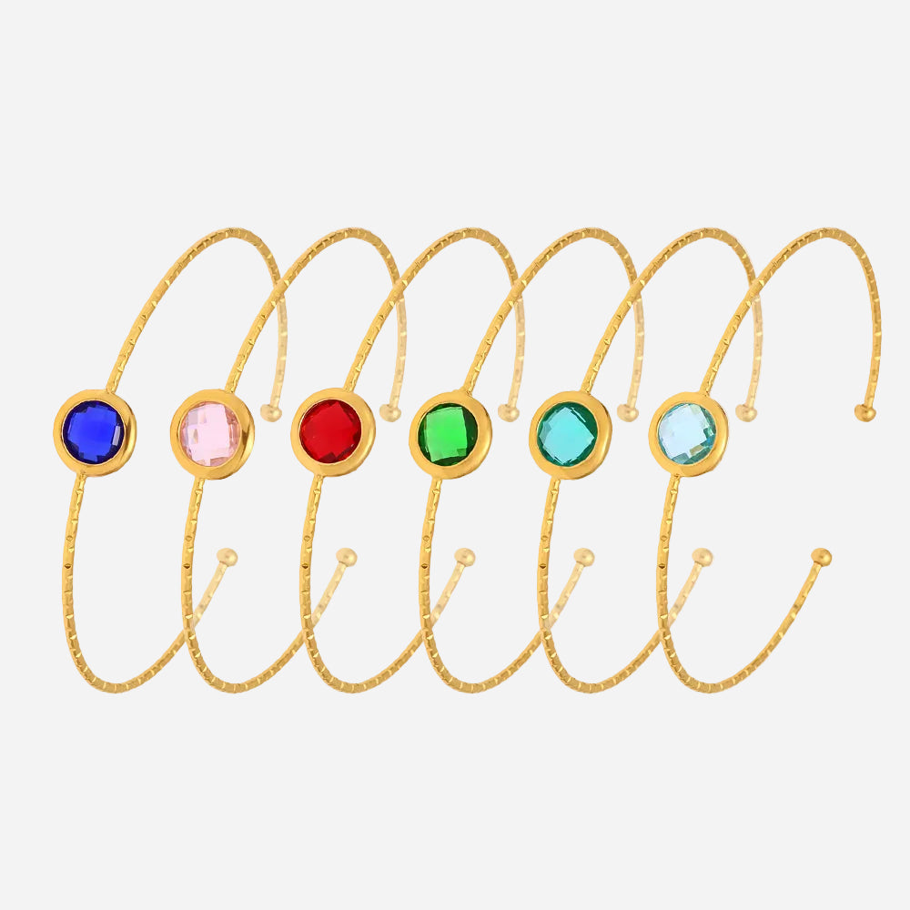 6-piece set of gold tone stainless steel open bangles with round Czech glass stones (blue, pink, red, green, aqua, light blue), adjustable design