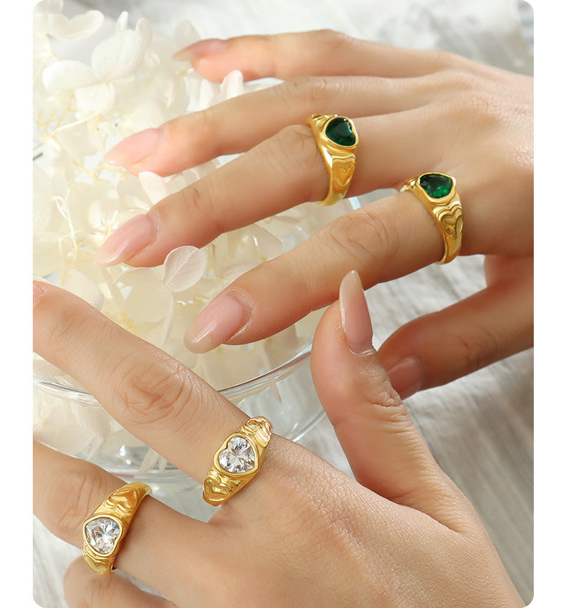316L Stainless Steel 18K Gold PVD Heart Crystal Ring