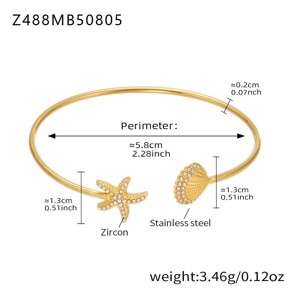 18K gold plated stainless steel starfish-shell bangle spec view (5A zircon), perimeter 5.8cm, weight 3.46g