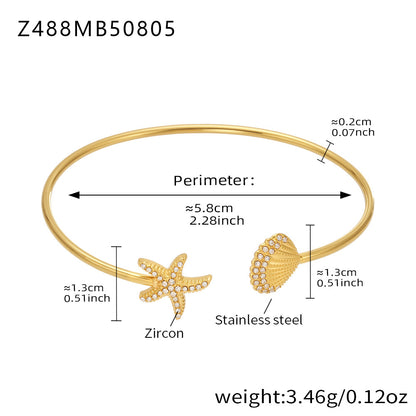 18K gold plated stainless steel starfish-shell bangle spec view (5A zircon), perimeter 5.8cm, weight 3.46g