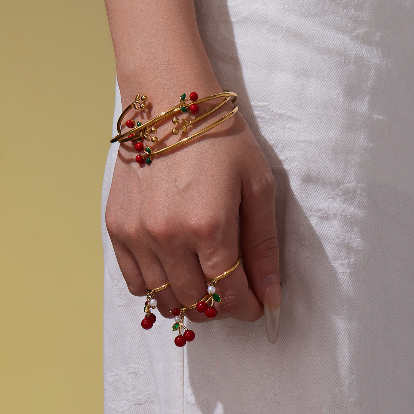 18k gold plated enamel red cherry bangle and ring on hand: fashion style