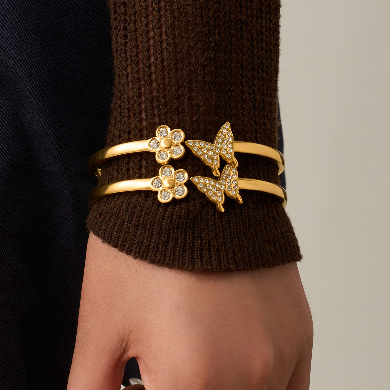 316L Stainless Steel 18K Gold PVD Zircon Flower Butterfly Pave Bangle
