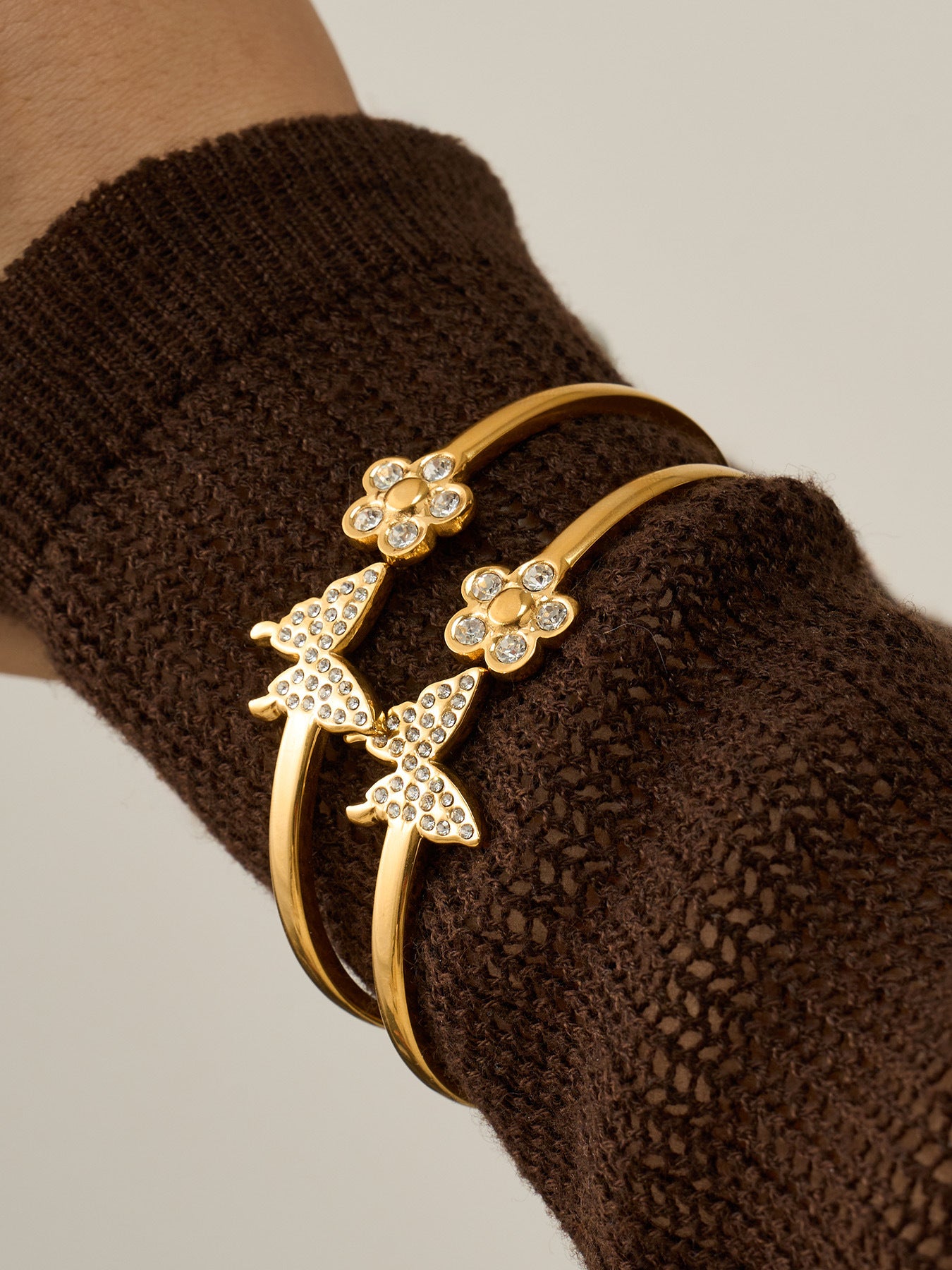 316L Stainless Steel 18K Gold PVD Zircon Flower Butterfly Pave Bangle