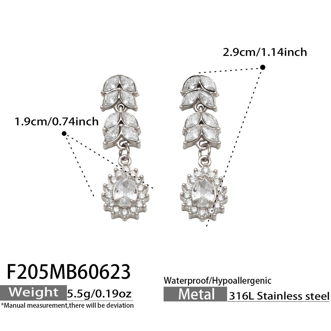  F205MB60623 Leaf Teardrop Zircon Dangle Earrings Size Chart, 316L Stainless Steel Hypoallergenic Waterproof Drop Earrings Measurement Diagram