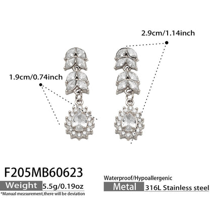  F205MB60623 Leaf Teardrop Zircon Dangle Earrings Size Chart, 316L Stainless Steel Hypoallergenic Waterproof Drop Earrings Measurement Diagram