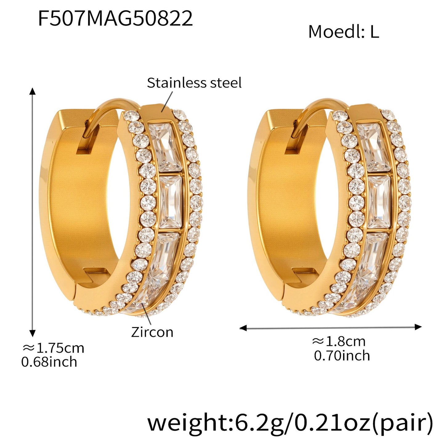 316L Stainless Steel 18K Gold PVD Full Zircon Hoop Earrings