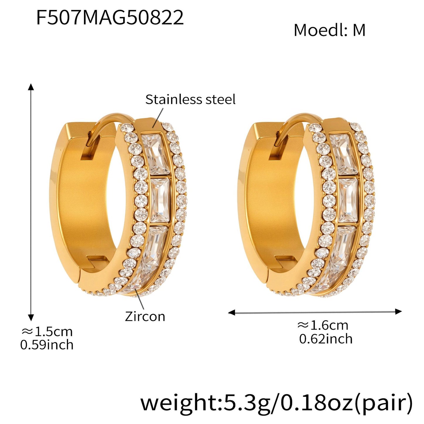 316L Stainless Steel 18K Gold PVD Full Zircon Hoop Earrings