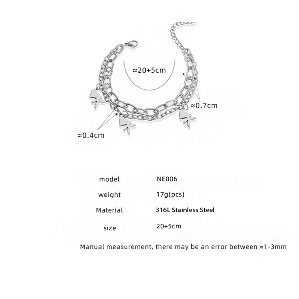 NE006 stainless steel heart chain bracelet size card showing 20 plus 5cm bracelet details