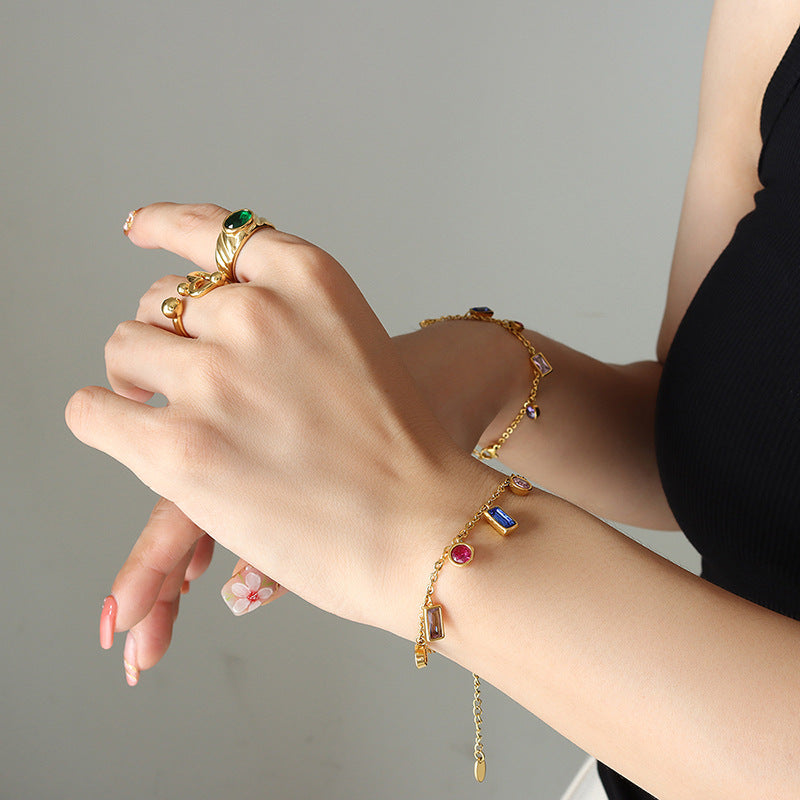 316L Stainless Steel Multi-Color Zircon Tassel Necklace & Chic Bracelet Set