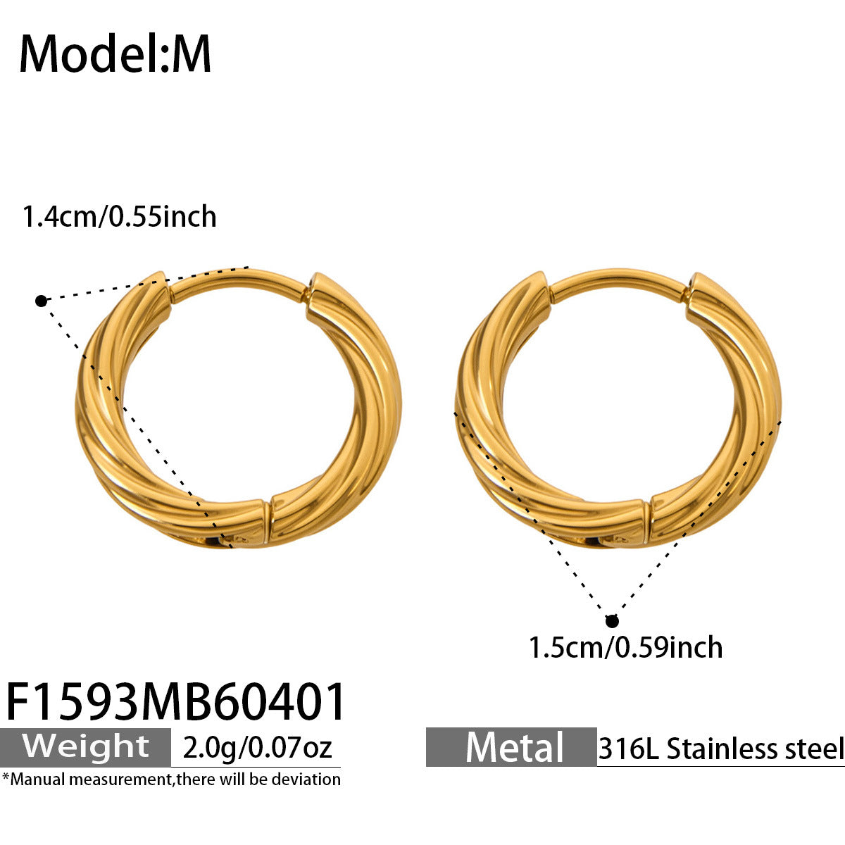 316L Stainless Steel 18K Gold PVD Twisted Round Minimalist Hoop Earrings