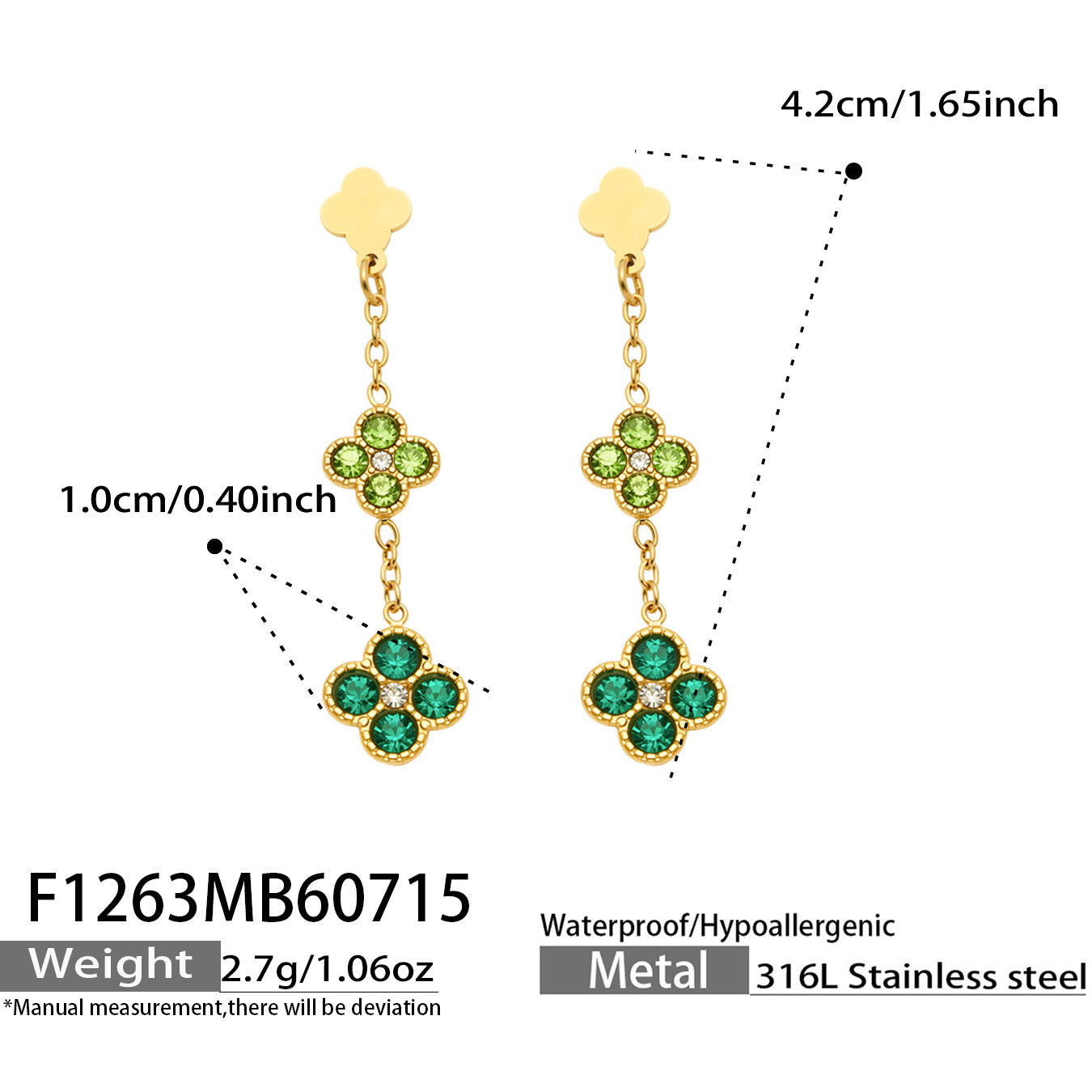 316L Stainless Steel 18K PVD Gold Clover Zircon Earrings
