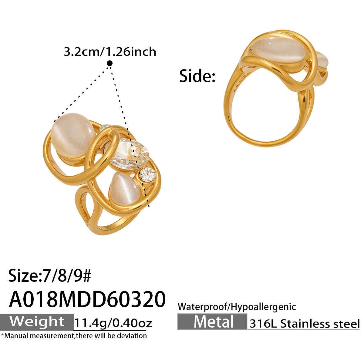 316L Stainless Steel 18K Gold PVD Open Hollow Cat Eye Stone Ring