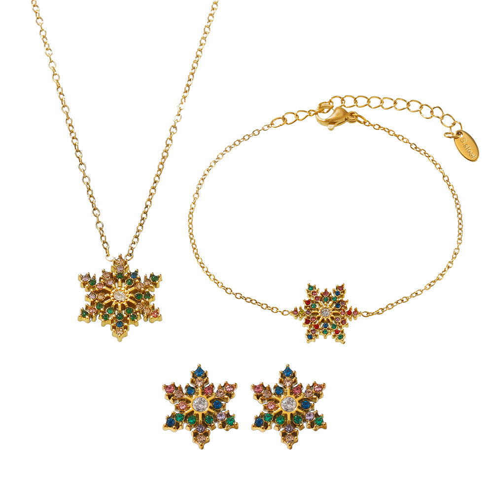 316L Stainless Steel 18K Gold PVD CNC Snowflake Zircon PendantJewelry Set